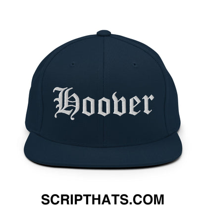 Hoover Old English Embroidered Flat Bill Brim Snapback Hat Dark Navy