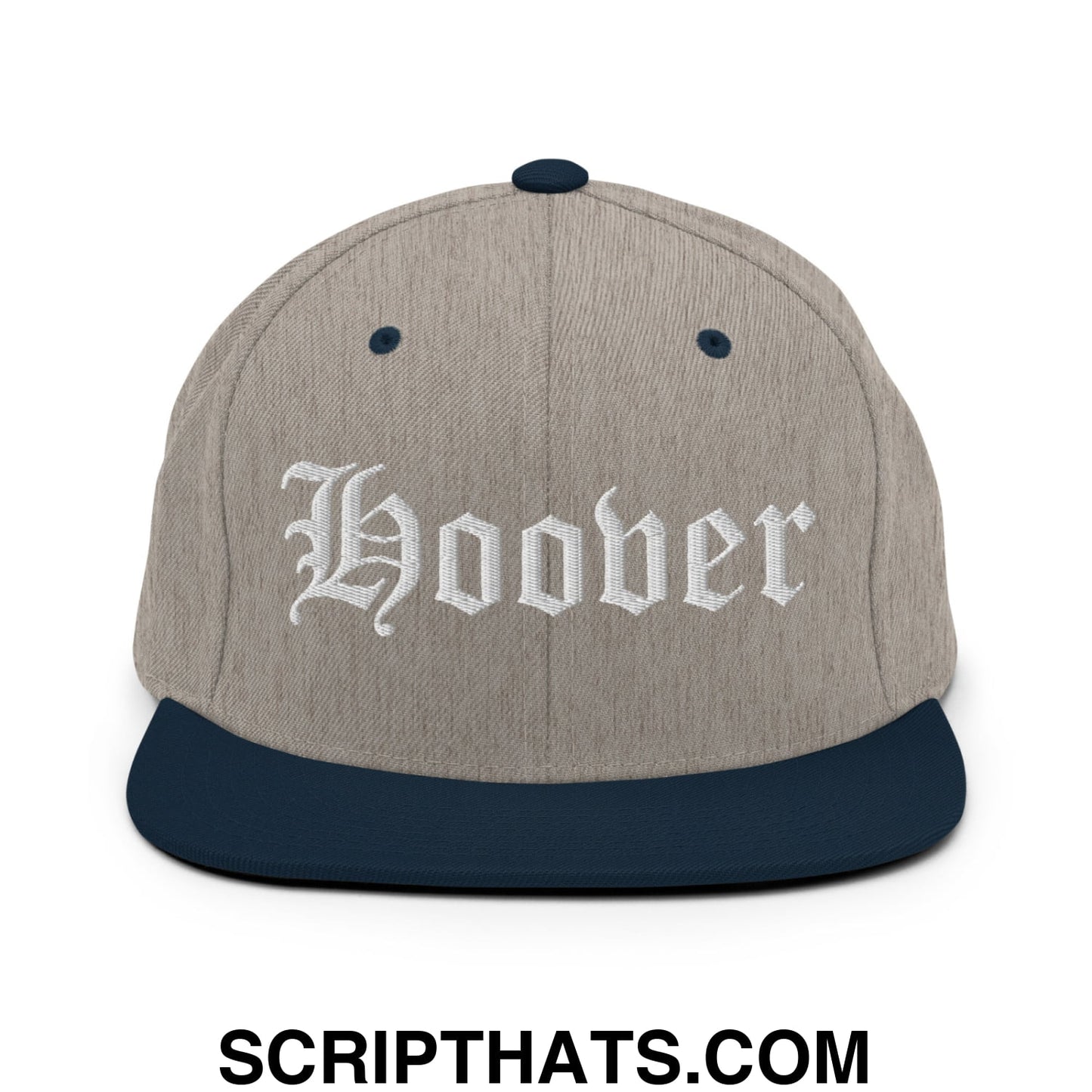 Hoover Old English Embroidered Flat Bill Brim Snapback Hat Heather Grey Navy