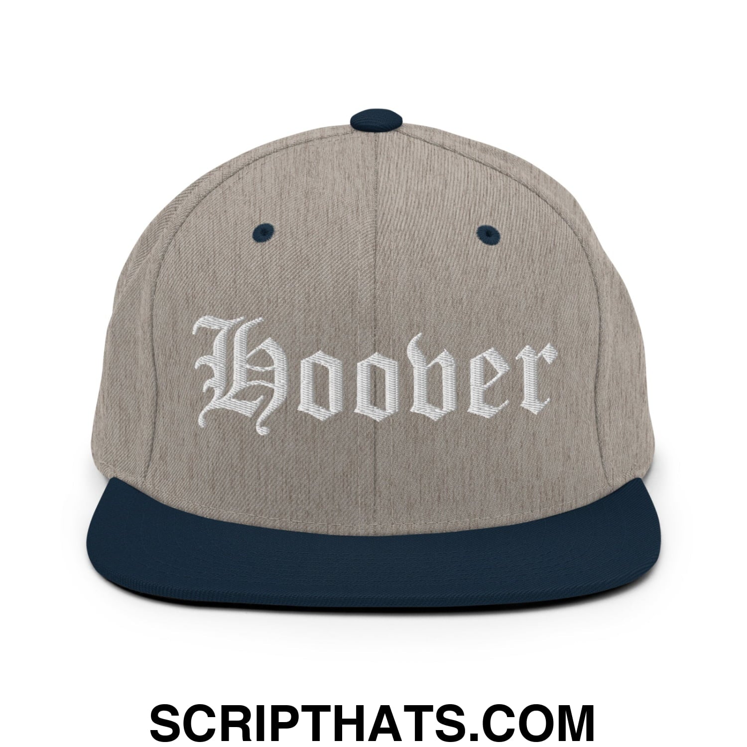 Hoover Old English Embroidered Flat Bill Brim Snapback Hat Heather Grey Navy