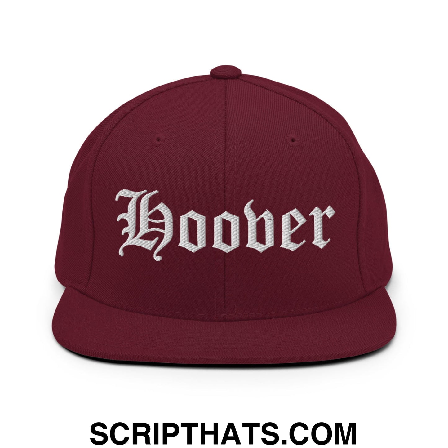 Hoover Old English Embroidered Flat Bill Brim Snapback Hat Maroon