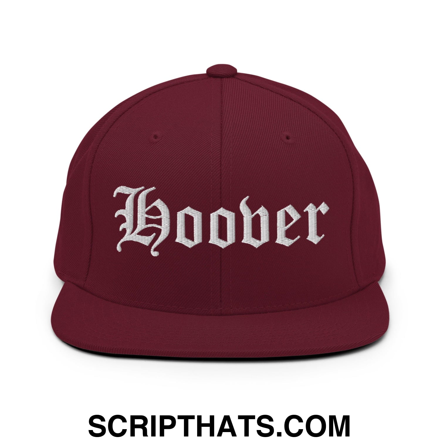 Hoover Old English Embroidered Flat Bill Brim Snapback Hat Maroon