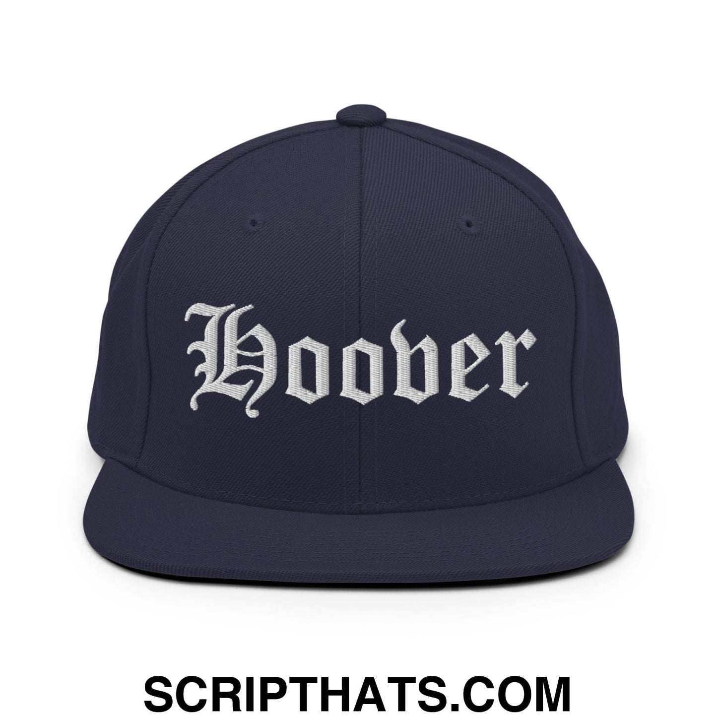 Hoover Old English Embroidered Flat Bill Brim Snapback Hat Navy