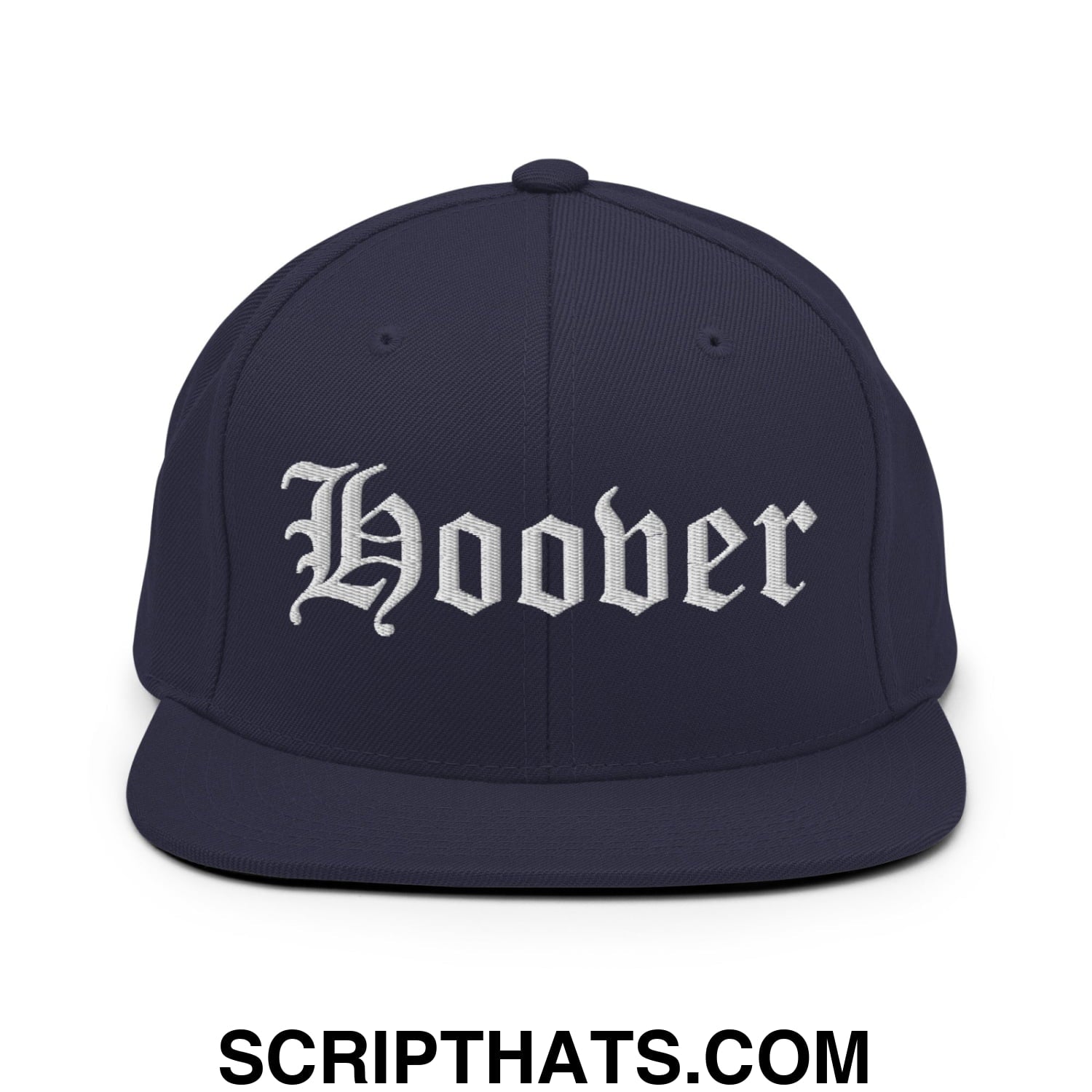 Hoover Old English Embroidered Flat Bill Brim Snapback Hat Navy