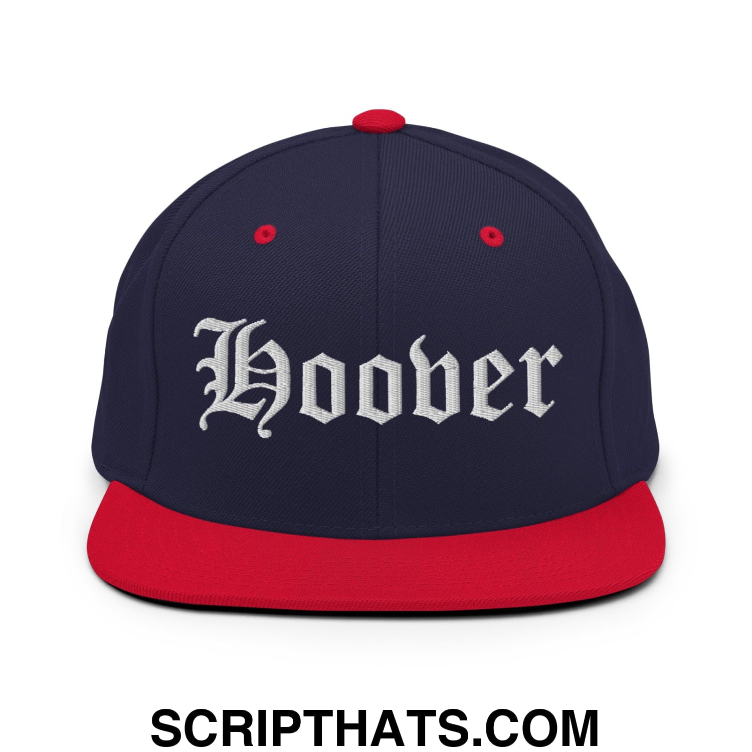 Hoover Old English Embroidered Flat Bill Brim Snapback Hat Navy Red