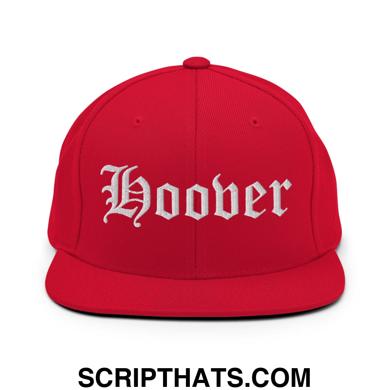 Hoover Old English Embroidered Flat Bill Brim Snapback Hat Red