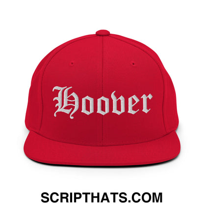 Hoover Old English Embroidered Flat Bill Brim Snapback Hat Red