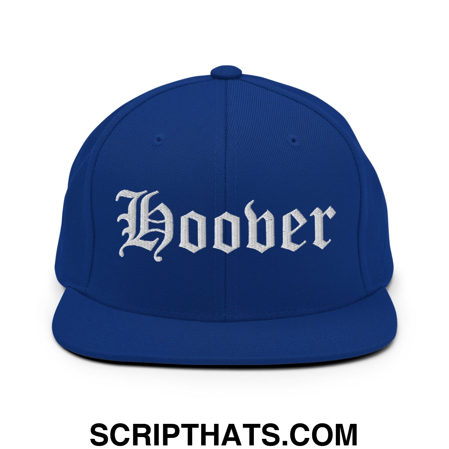 Hoover Old English Embroidered Flat Bill Brim Snapback Hat Royal Blue