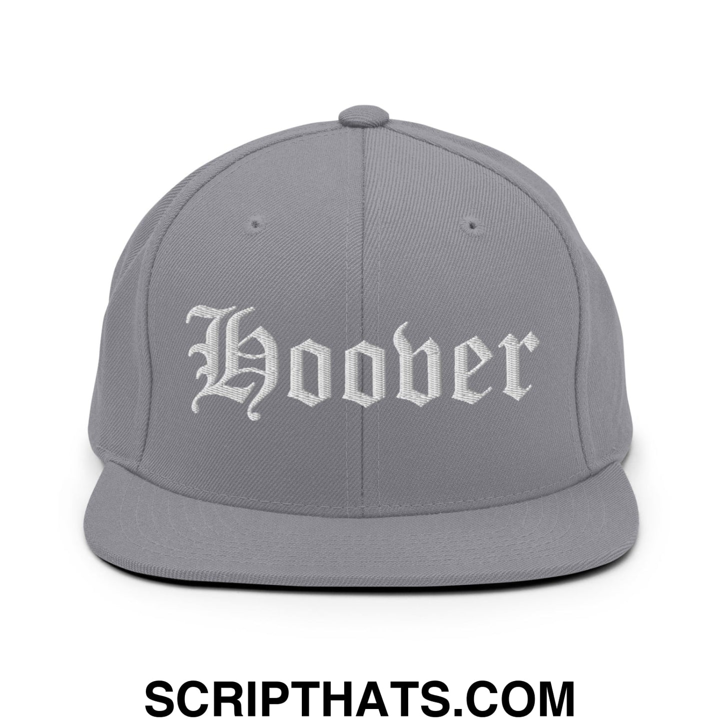 Hoover Old English Embroidered Flat Bill Brim Snapback Hat Silver