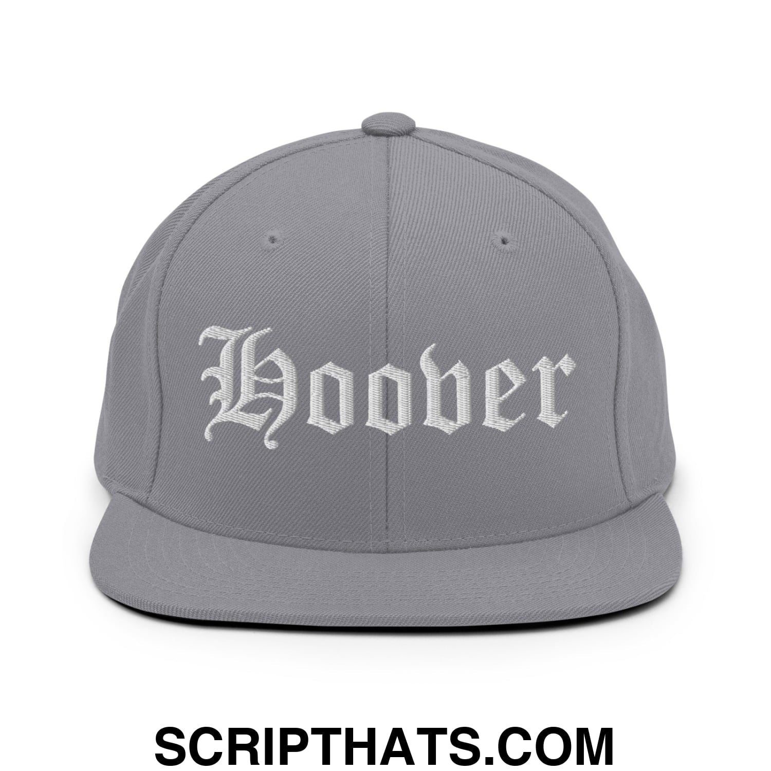Hoover Old English Embroidered Flat Bill Brim Snapback Hat Silver