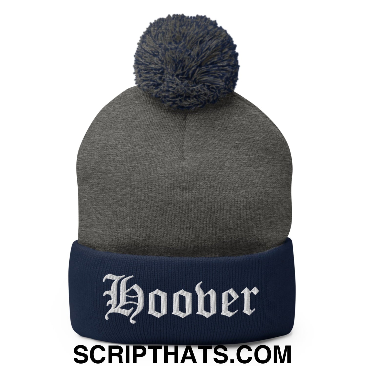 Hoover Old English Embroidered Knit Pom Pom Beanie Dark Heather Grey Navy
