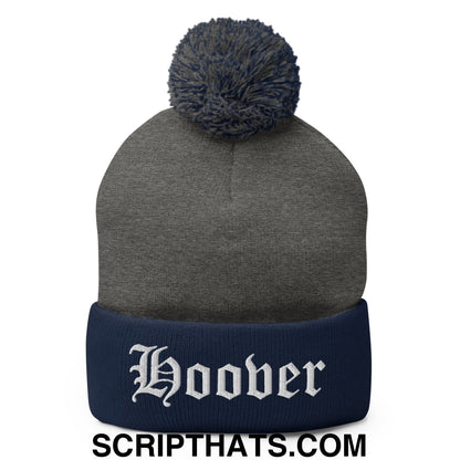 Hoover Old English Embroidered Knit Pom Pom Beanie Dark Heather Grey Navy