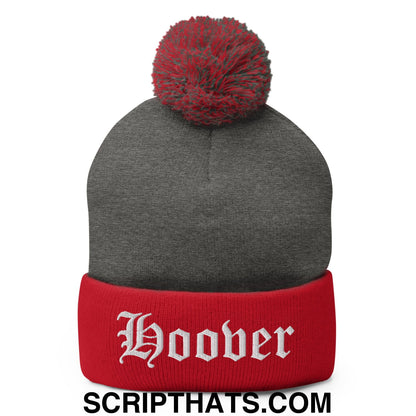 Hoover Old English Embroidered Knit Pom Pom Beanie Dark Heather Grey Red