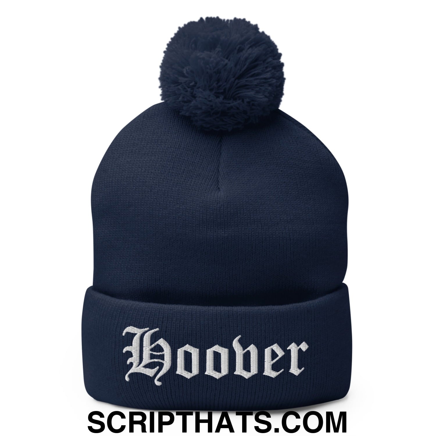 Hoover Old English Embroidered Knit Pom Pom Beanie Navy