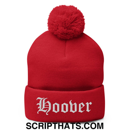 Hoover Old English Embroidered Knit Pom Pom Beanie Red