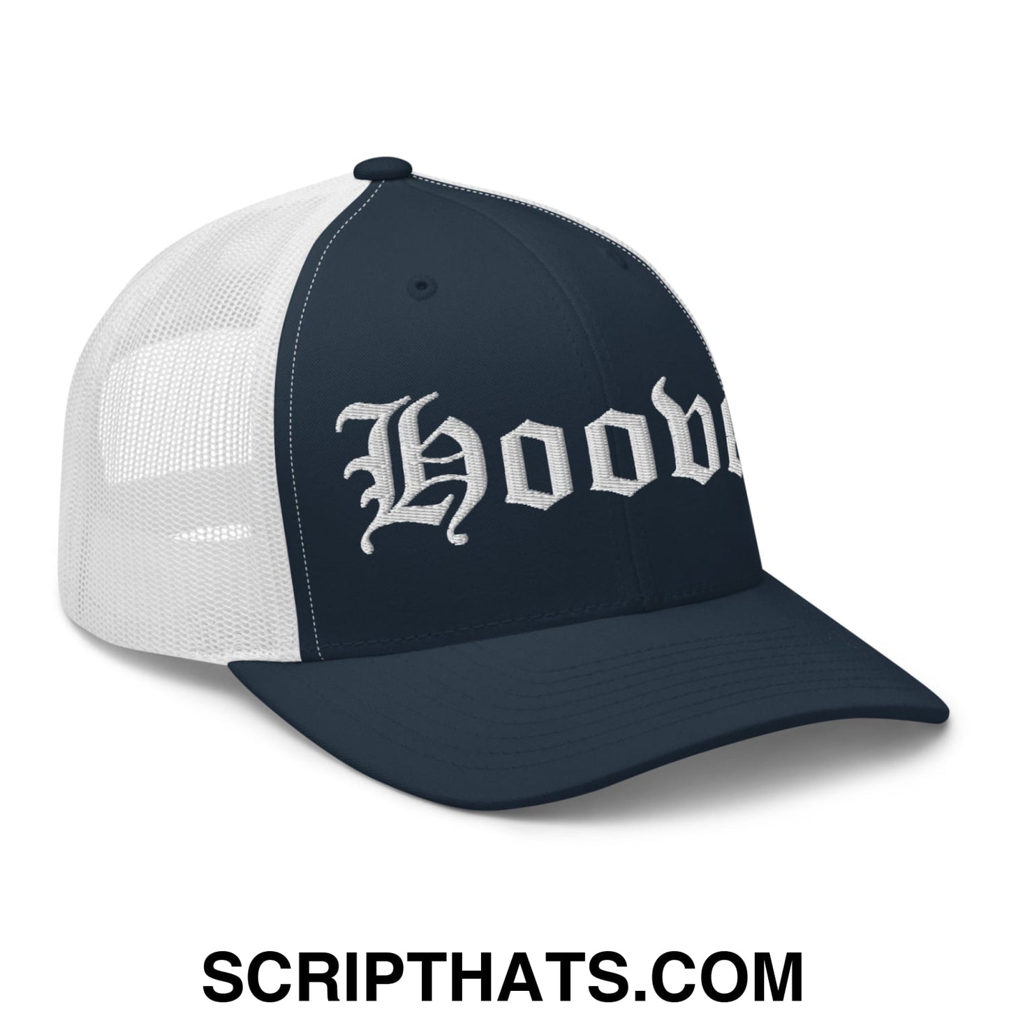 Hoover Old English Embroidered Mesh Trucker Hat Navy White