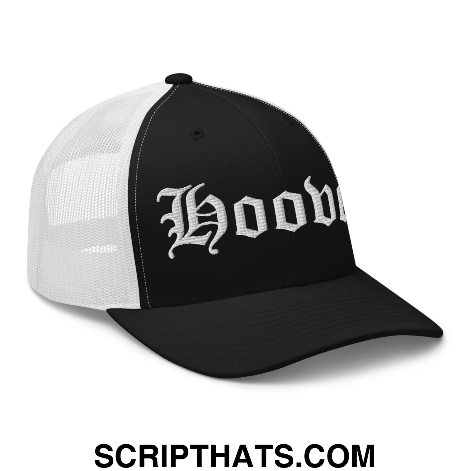 Hoover Old English Embroidered Mesh Trucker Hat Black White