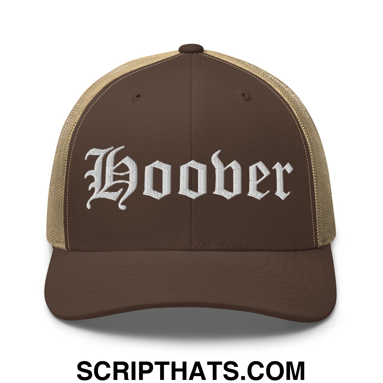 Hoover Old English Embroidered Mesh Trucker Hat Brown Khaki