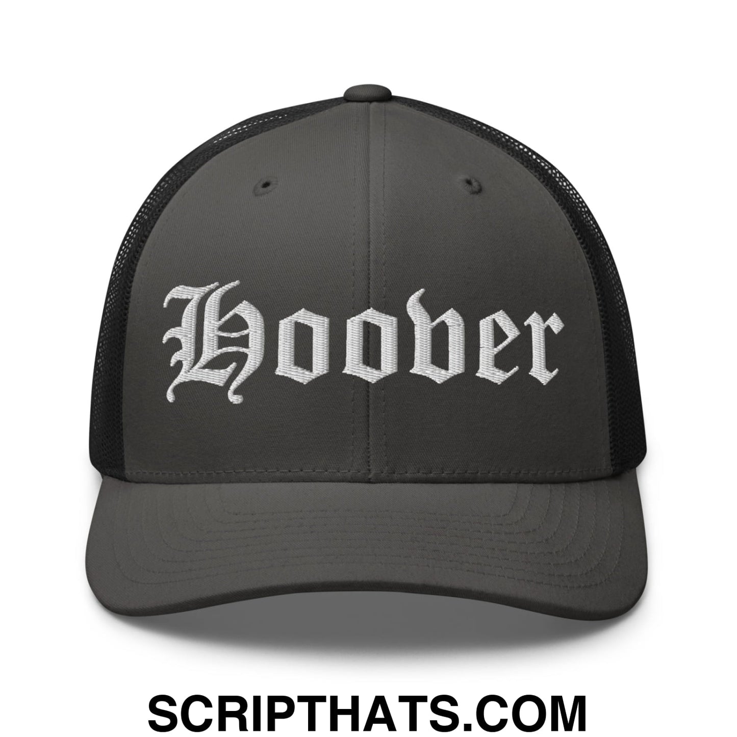 Hoover Old English Embroidered Mesh Trucker Hat Charcoal Black