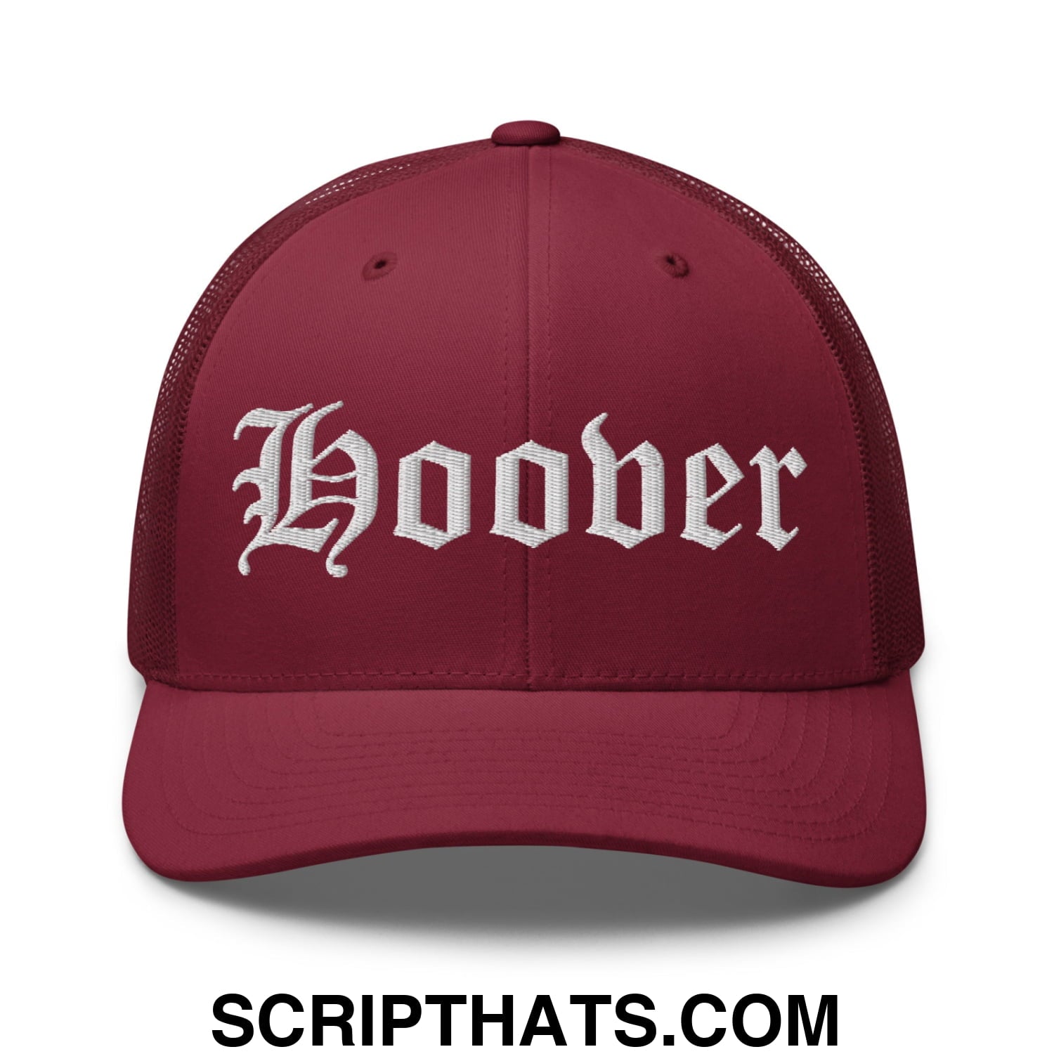 Hoover Old English Embroidered Mesh Trucker Hat Cranberry