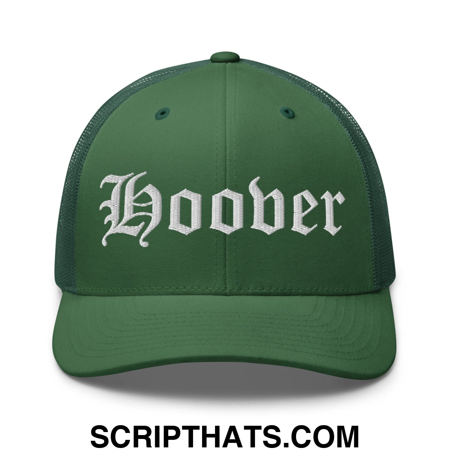 Hoover Old English Embroidered Mesh Trucker Hat Evergreen