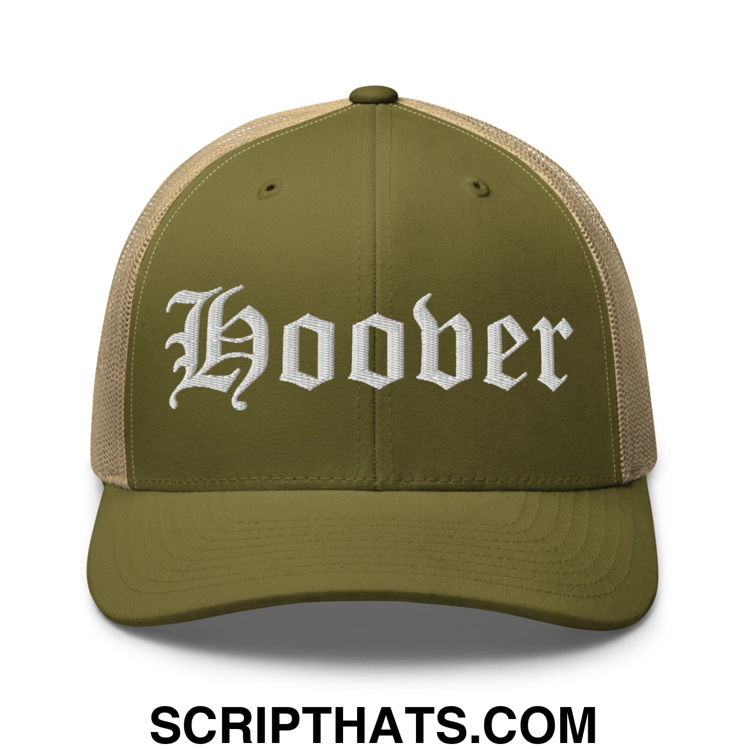 Hoover Old English Embroidered Mesh Trucker Hat Moss Khaki