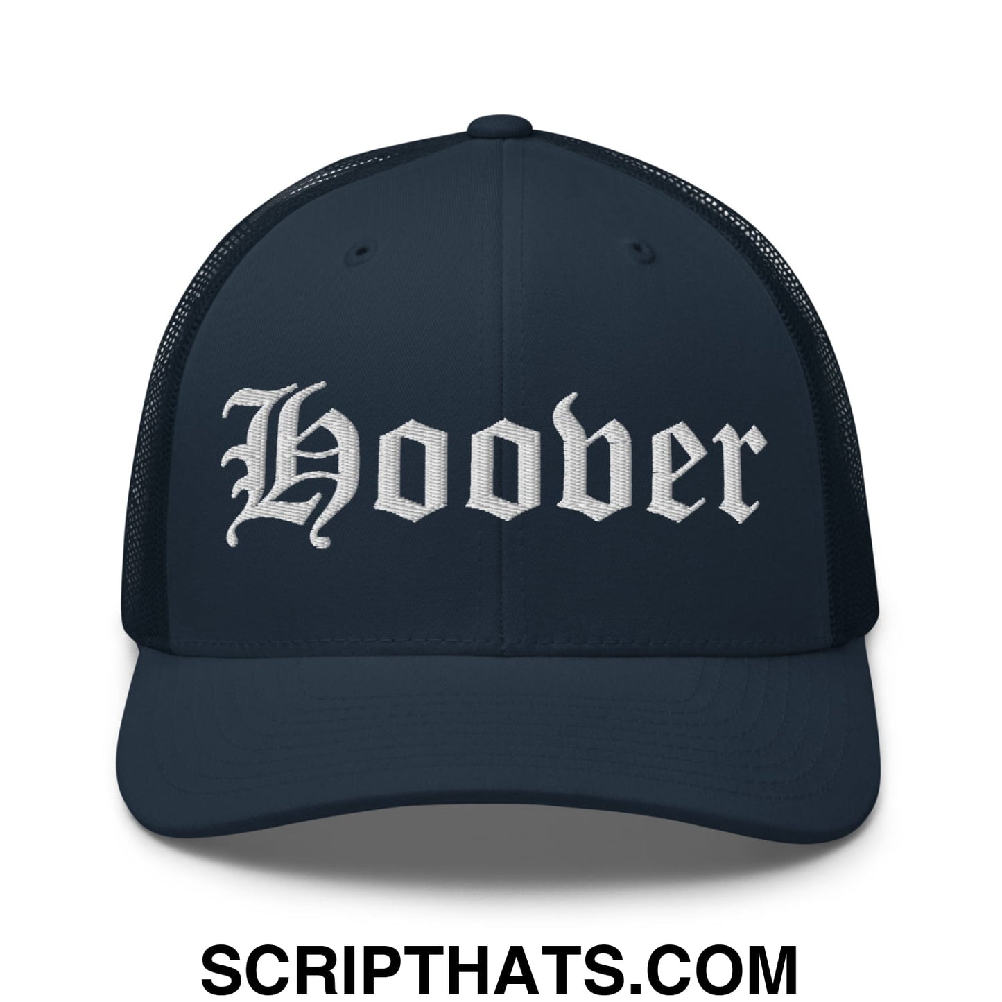 Hoover Old English Embroidered Mesh Trucker Hat Navy