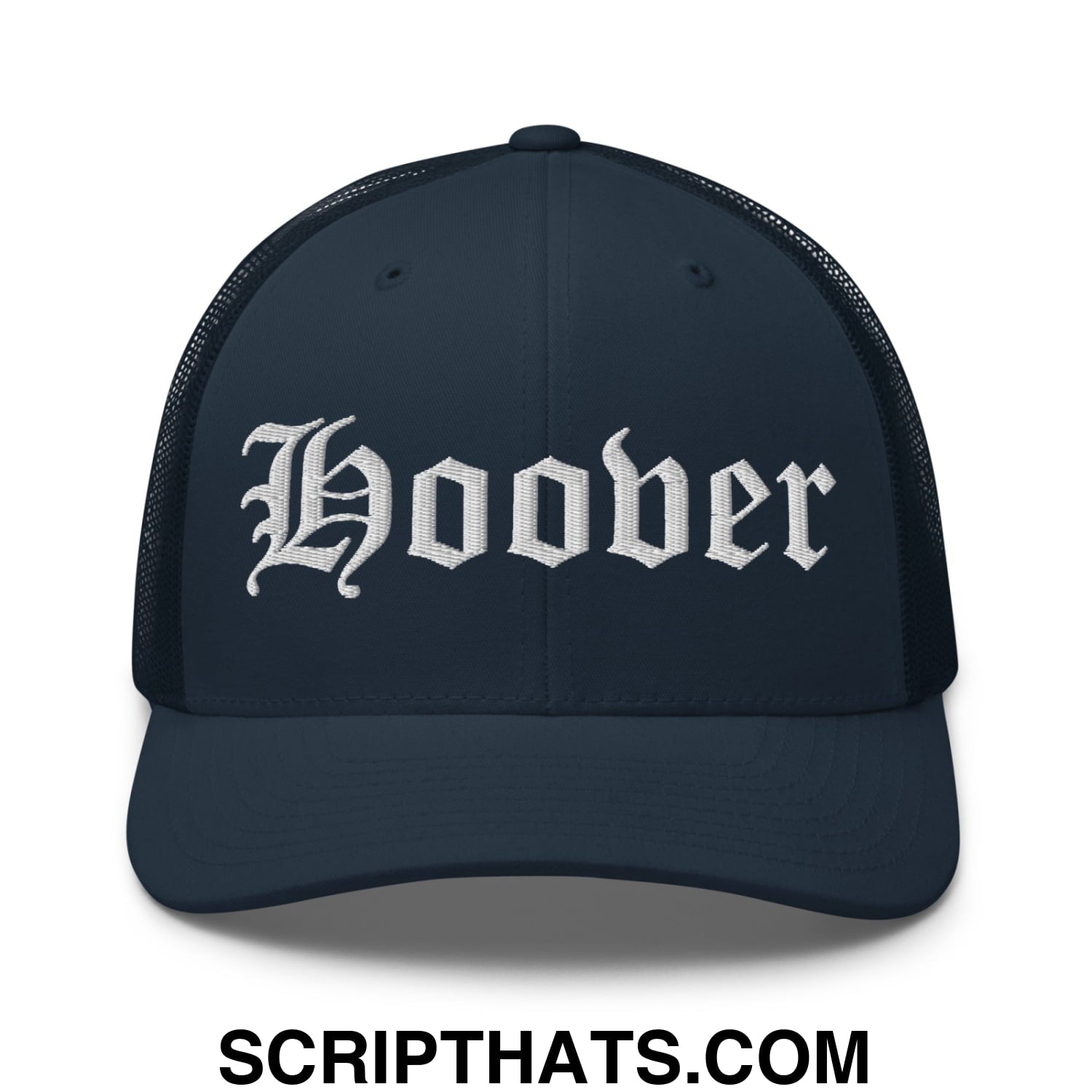Hoover Old English Embroidered Mesh Trucker Hat Navy