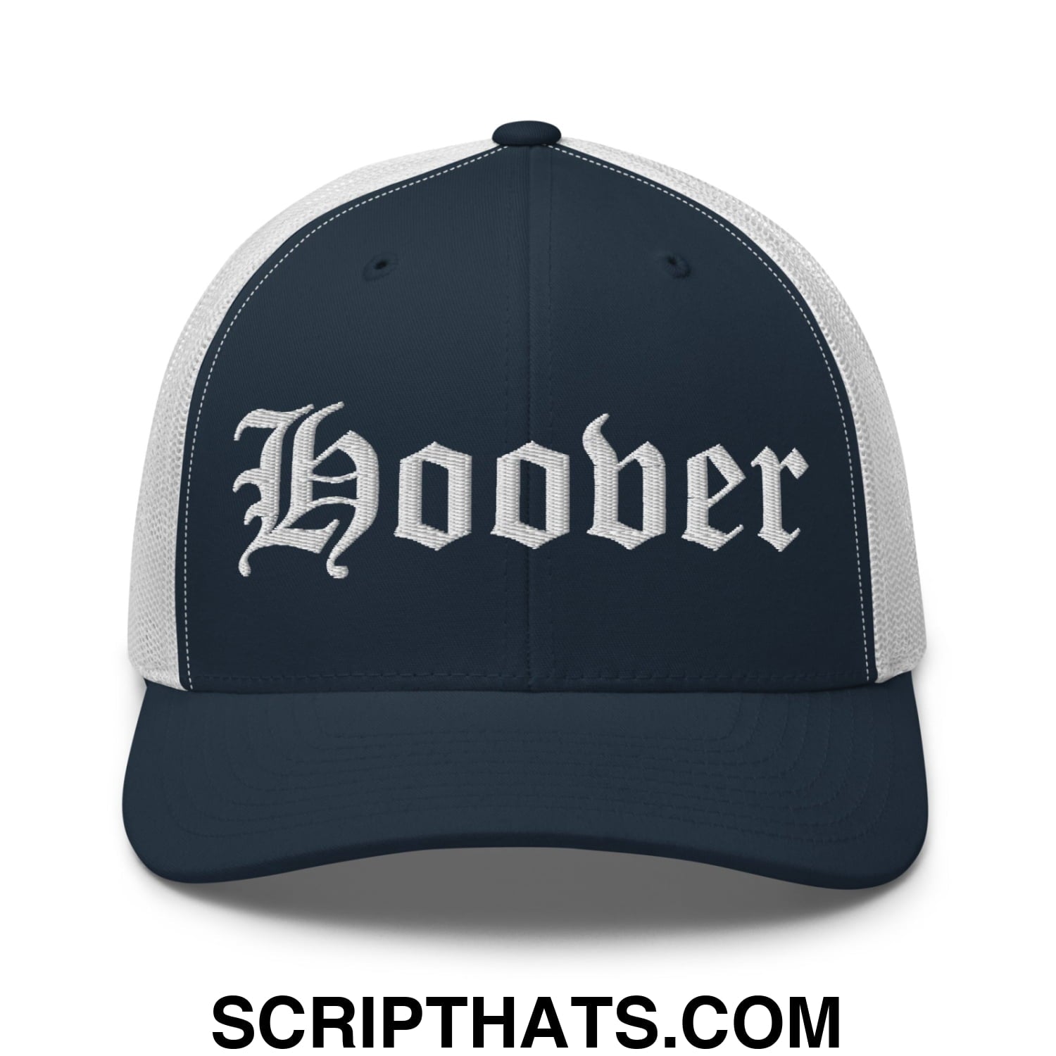 Hoover Old English Embroidered Mesh Trucker Hat Navy White