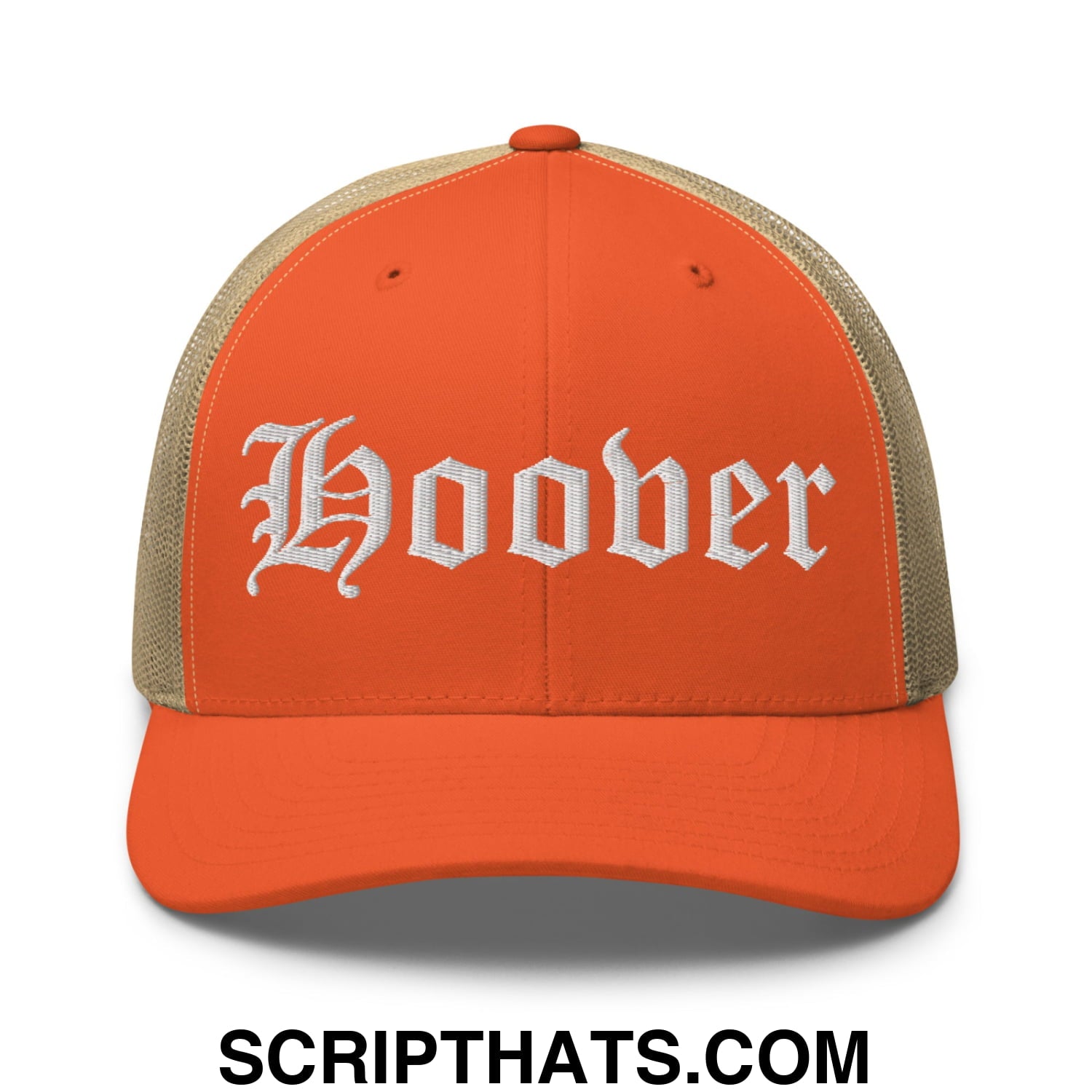 Hoover Old English Embroidered Mesh Trucker Hat Rustic Orange Khaki