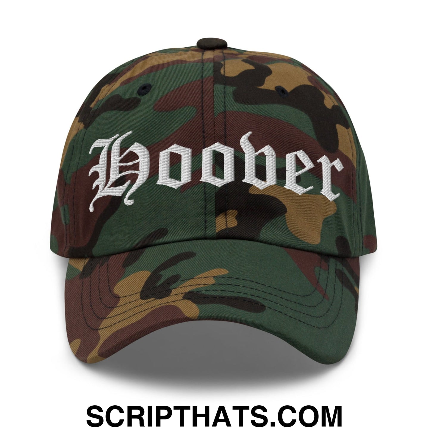 Hoover Old English Embroidered Unstructured Dad Hat Green Camo