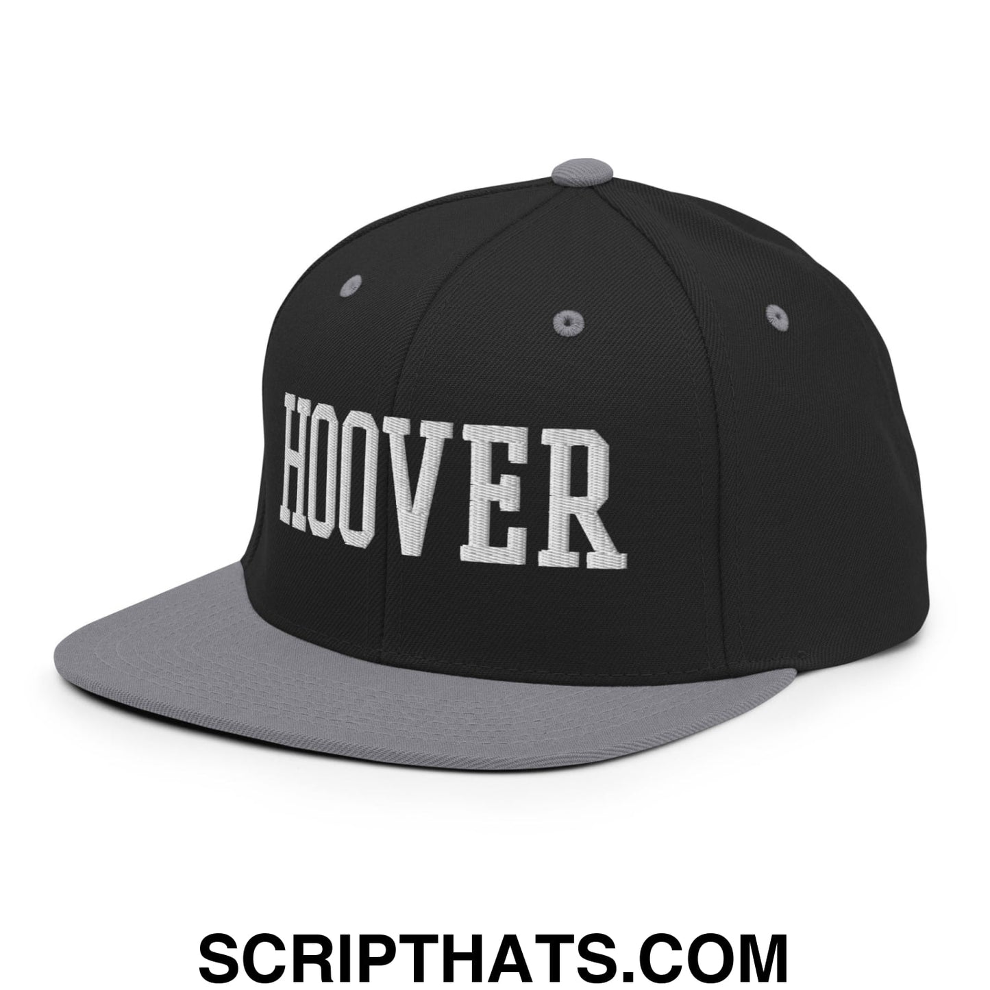 Hoover Varsity College Block Embroidered Flat Bill Brim Snapback Hat Black Silver
