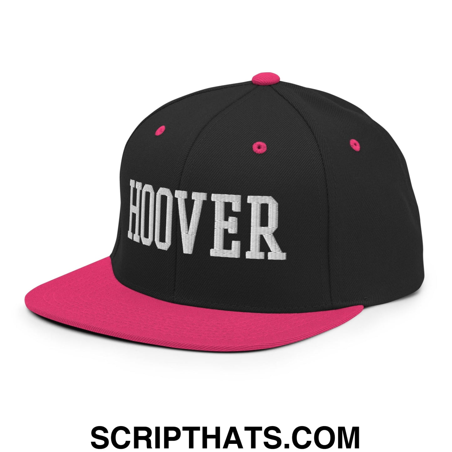 Hoover Varsity College Block Embroidered Flat Bill Brim Snapback Hat Black Neon Pink