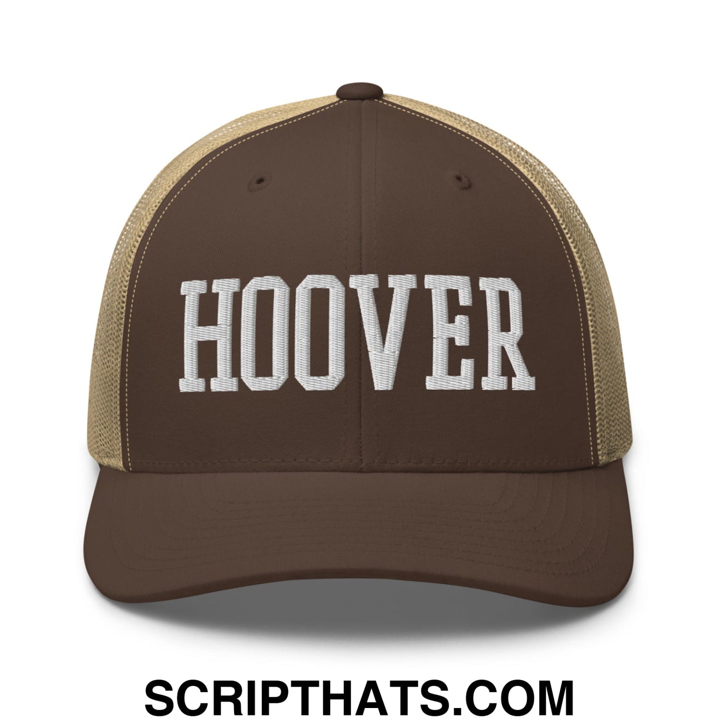 Hoover Varsity College Block Embroidered Mesh Trucker Hat Brown Khaki