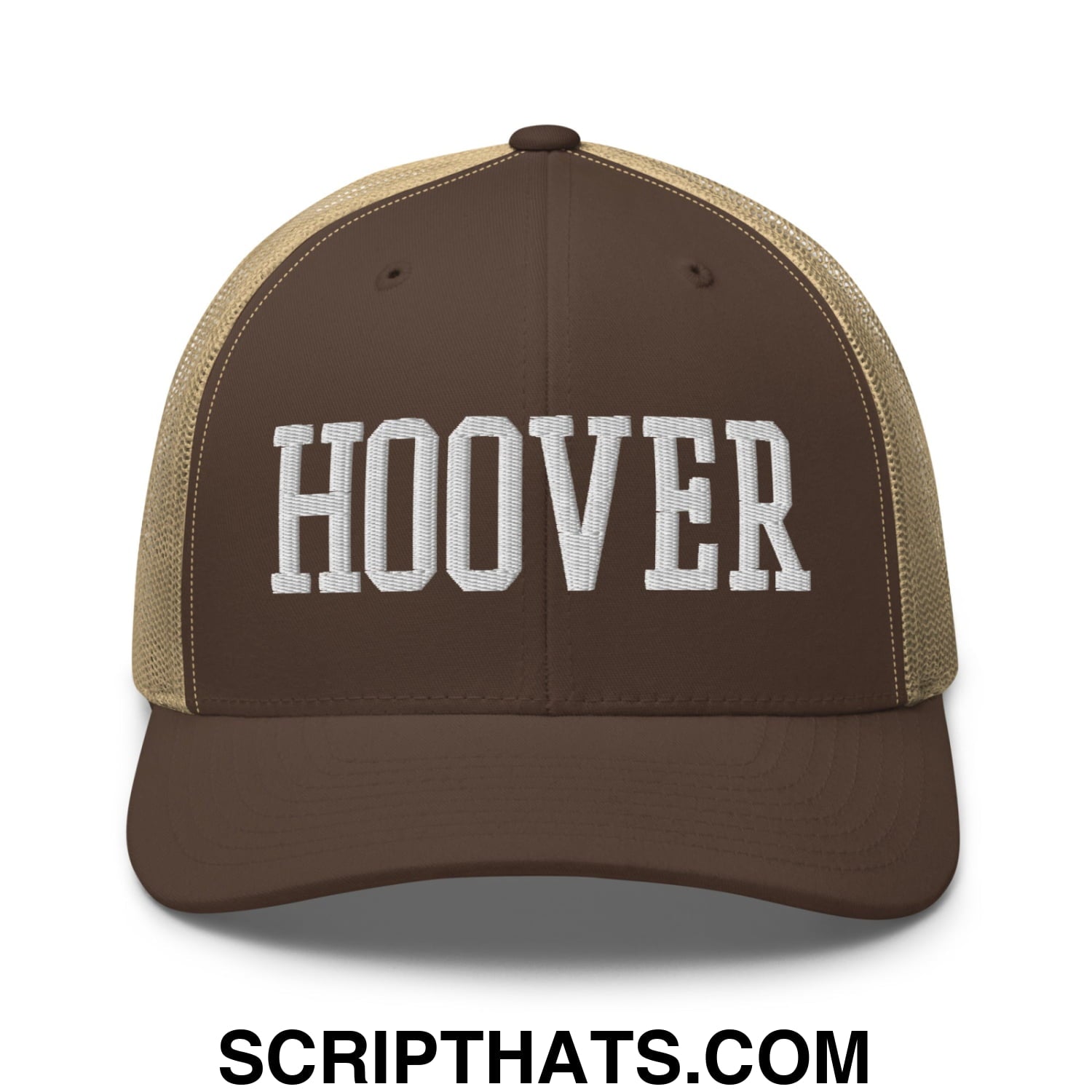 Hoover Varsity College Block Embroidered Mesh Trucker Hat Brown Khaki