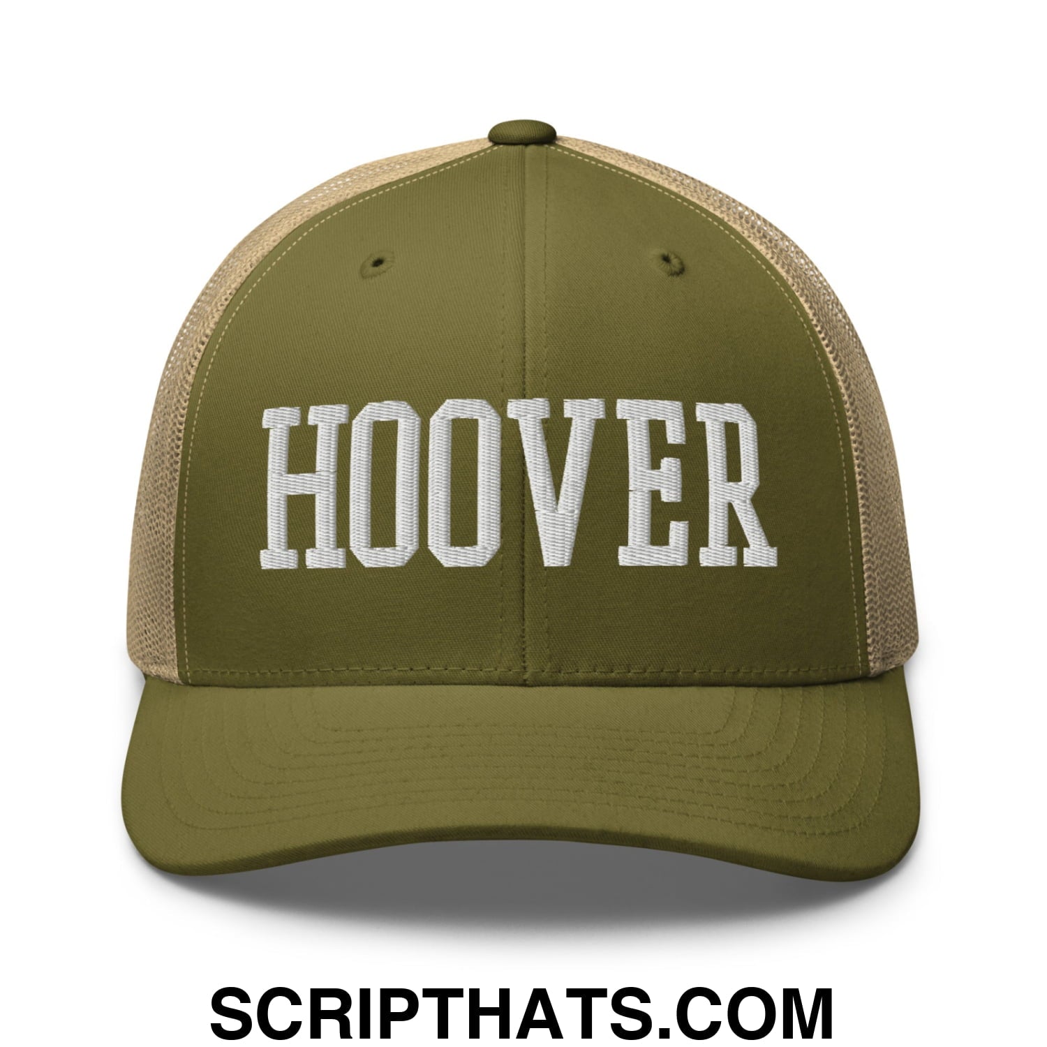 Hoover Varsity College Block Embroidered Mesh Trucker Hat Moss Khaki