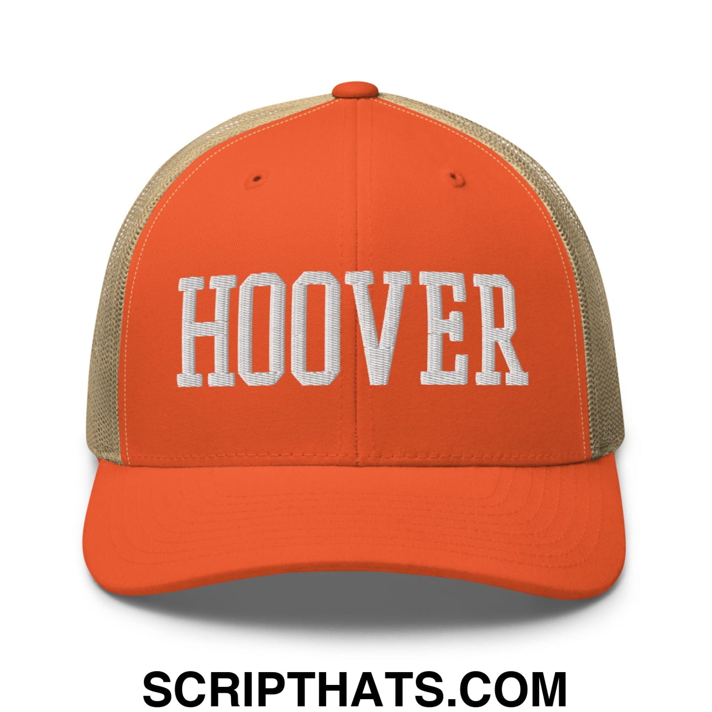 Hoover Varsity College Block Embroidered Mesh Trucker Hat Rustic Orange Khaki