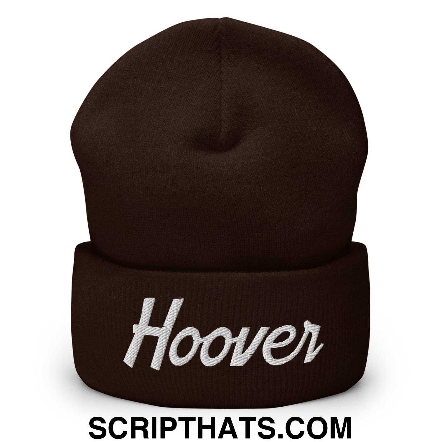 Hoover Vintage Sports Script Embroidered Knit Cuffed Beanie Brown