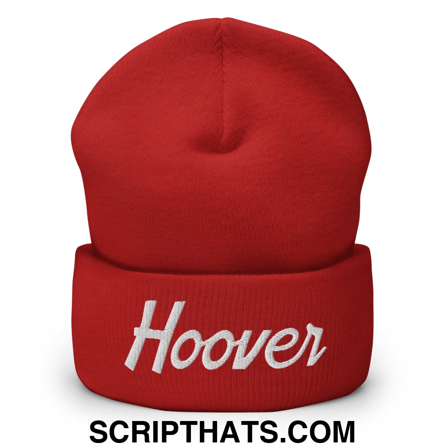 Hoover Vintage Sports Script Embroidered Knit Cuffed Beanie Red