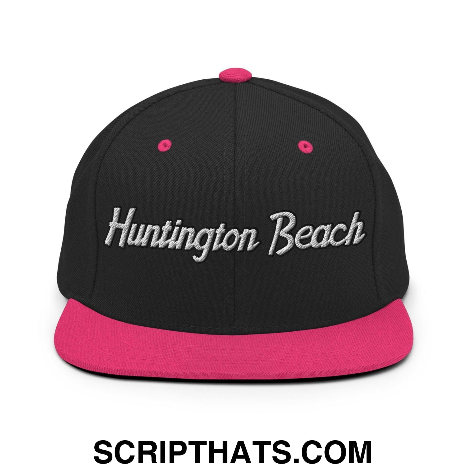Huntington Beach Script Snapback Hat Black Neon Pink