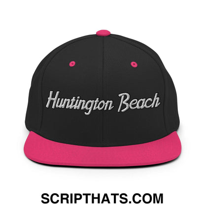 Huntington Beach Script Snapback Hat Black Neon Pink