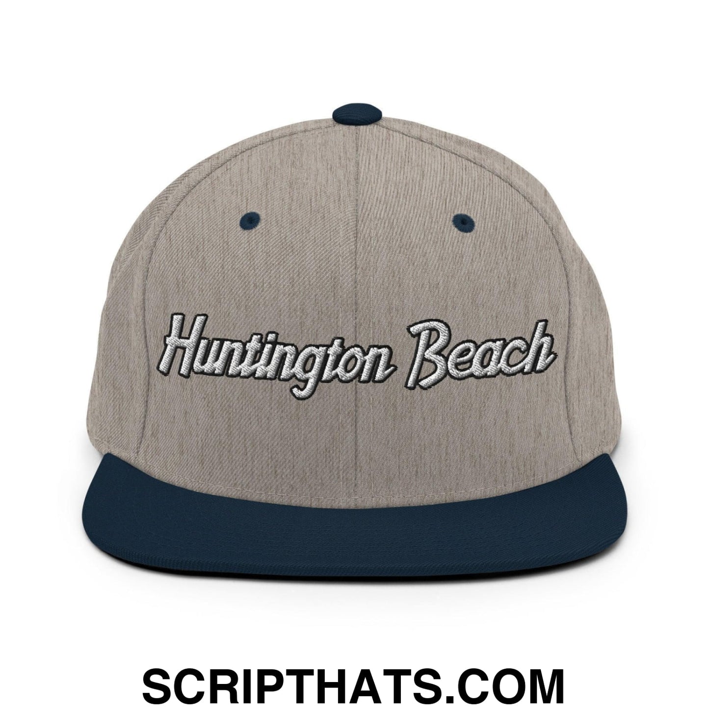Huntington Beach Script Snapback Hat Heather Grey Navy