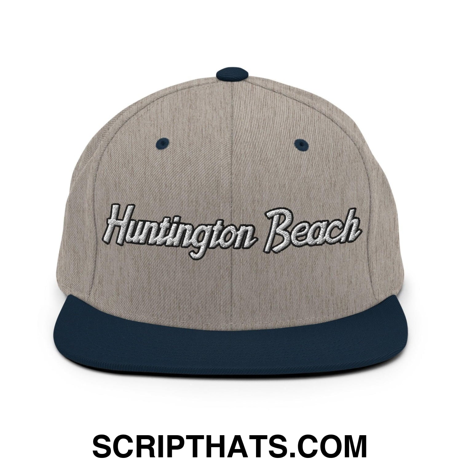 Huntington Beach Script Snapback Hat Heather Grey Navy