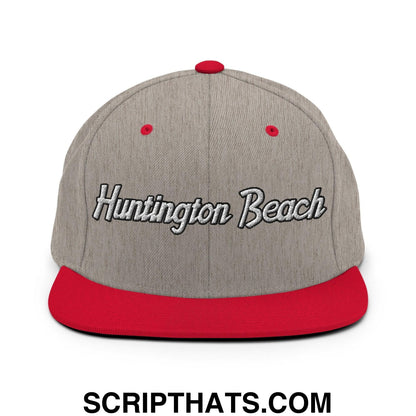 Huntington Beach Script Snapback Hat Heather Grey Red