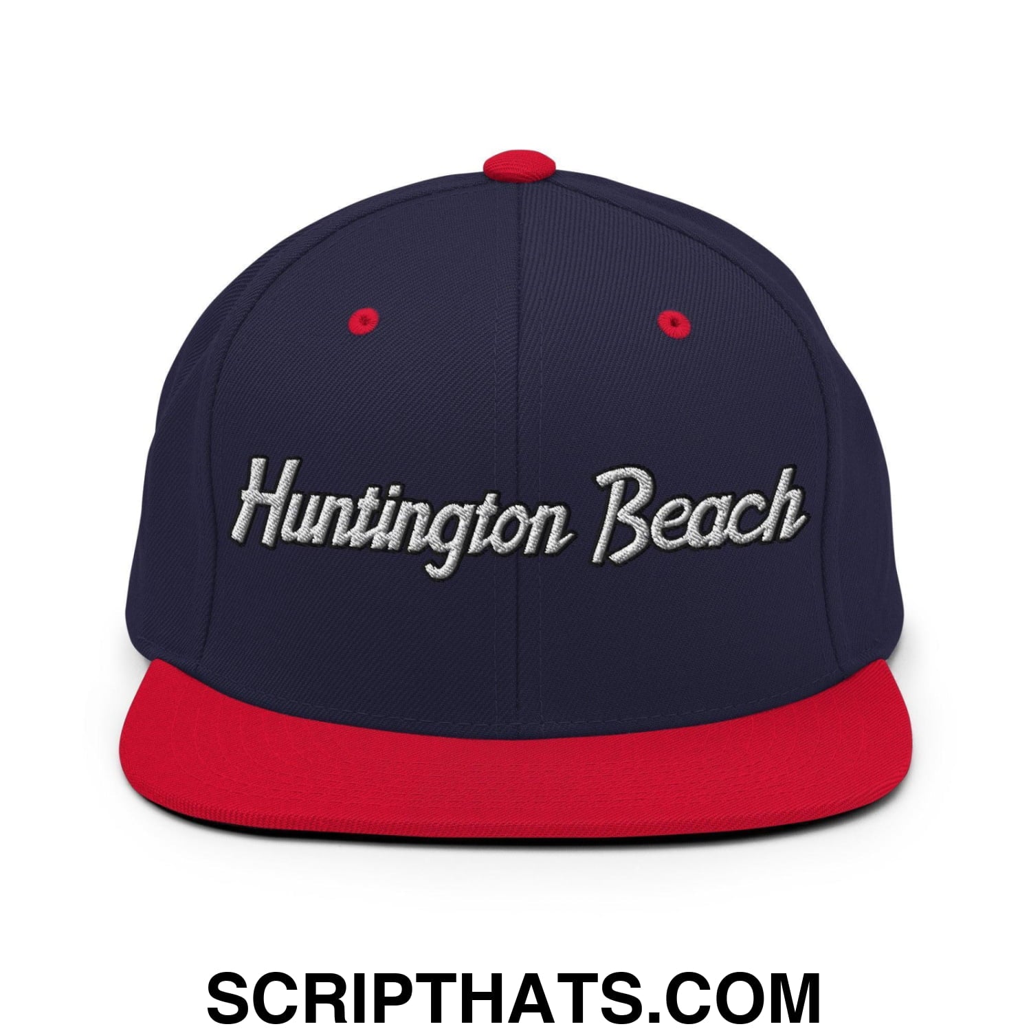 Huntington Beach Script Snapback Hat Navy Red