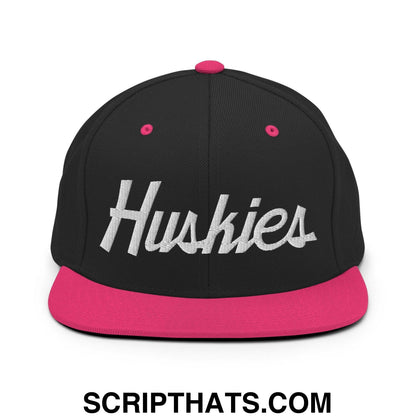 Huskies School Mascot Script Snapback Hat Black Neon Pink