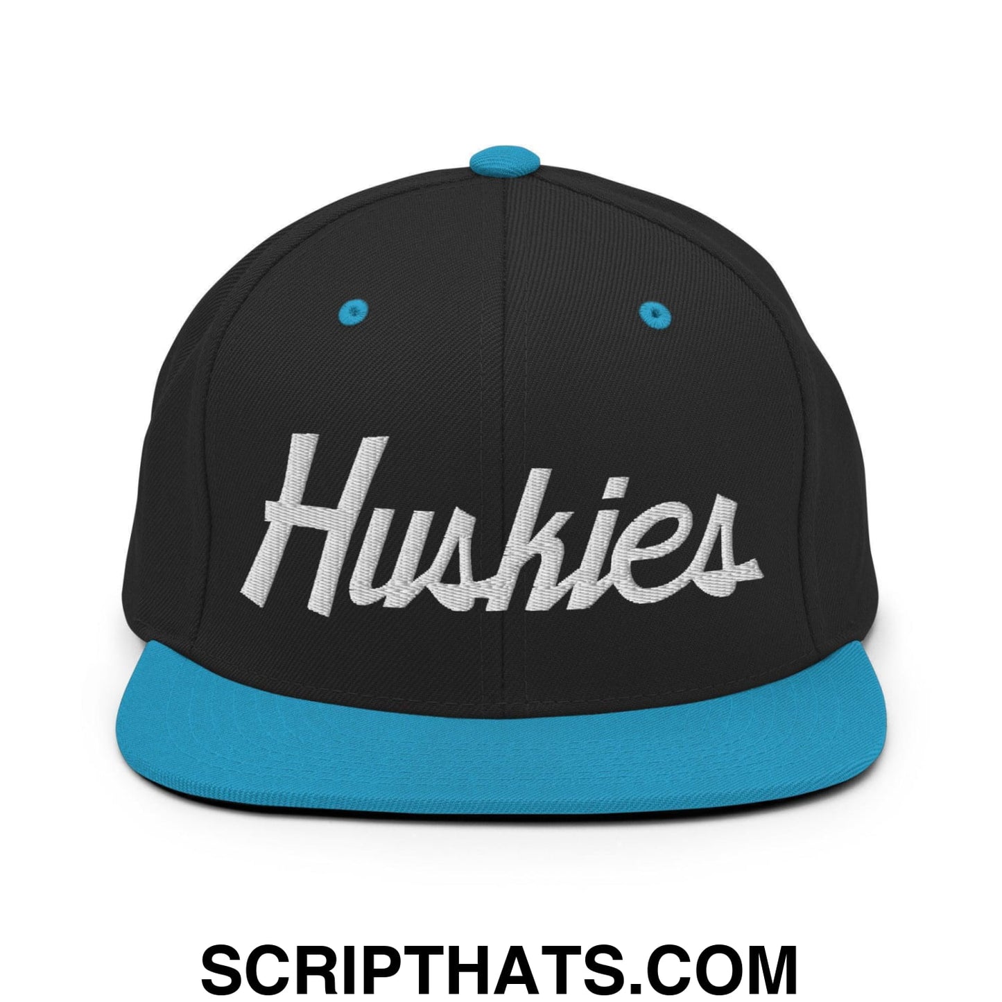 Huskies School Mascot Script Snapback Hat Black Teal