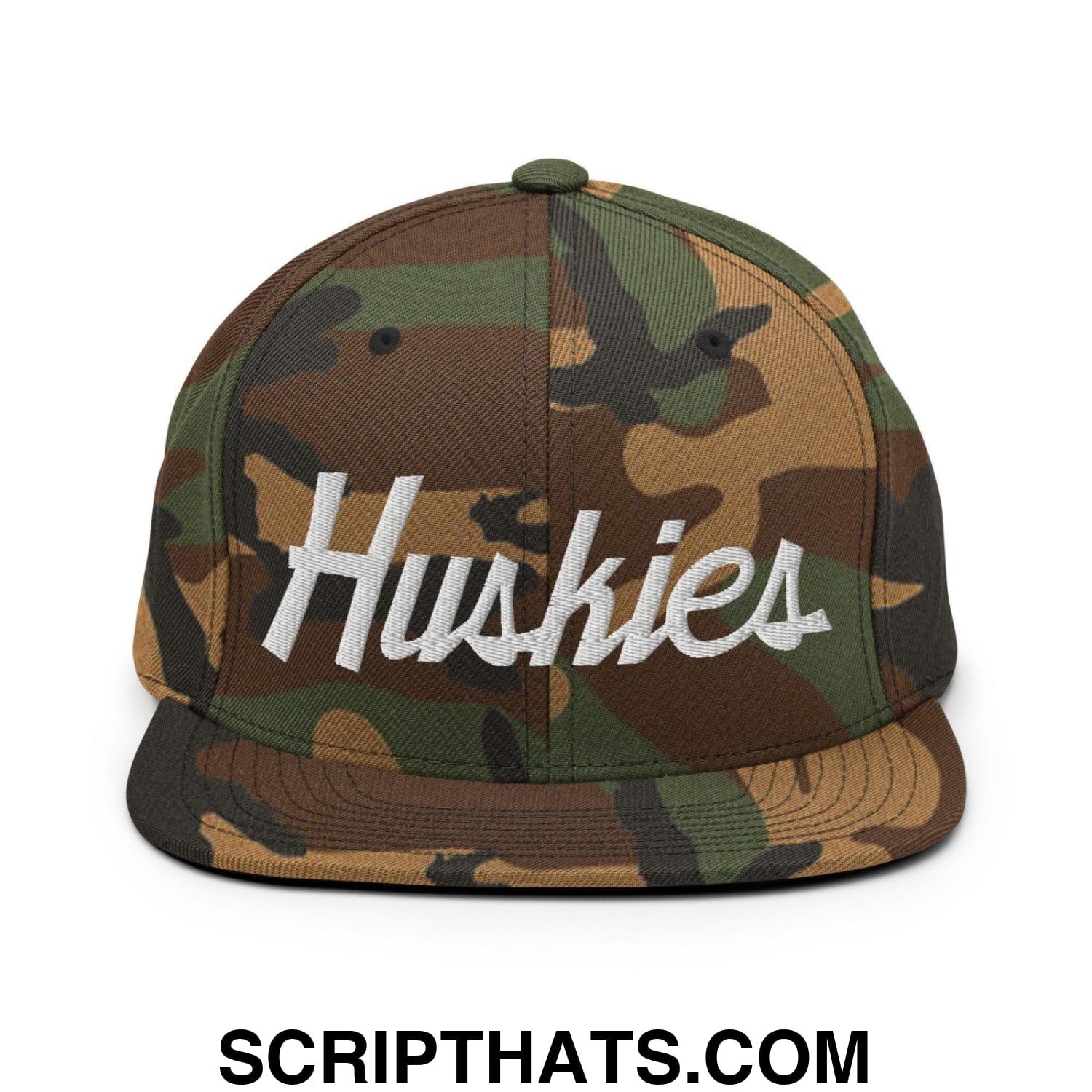 Huskies School Mascot Script Snapback Hat Green Camo