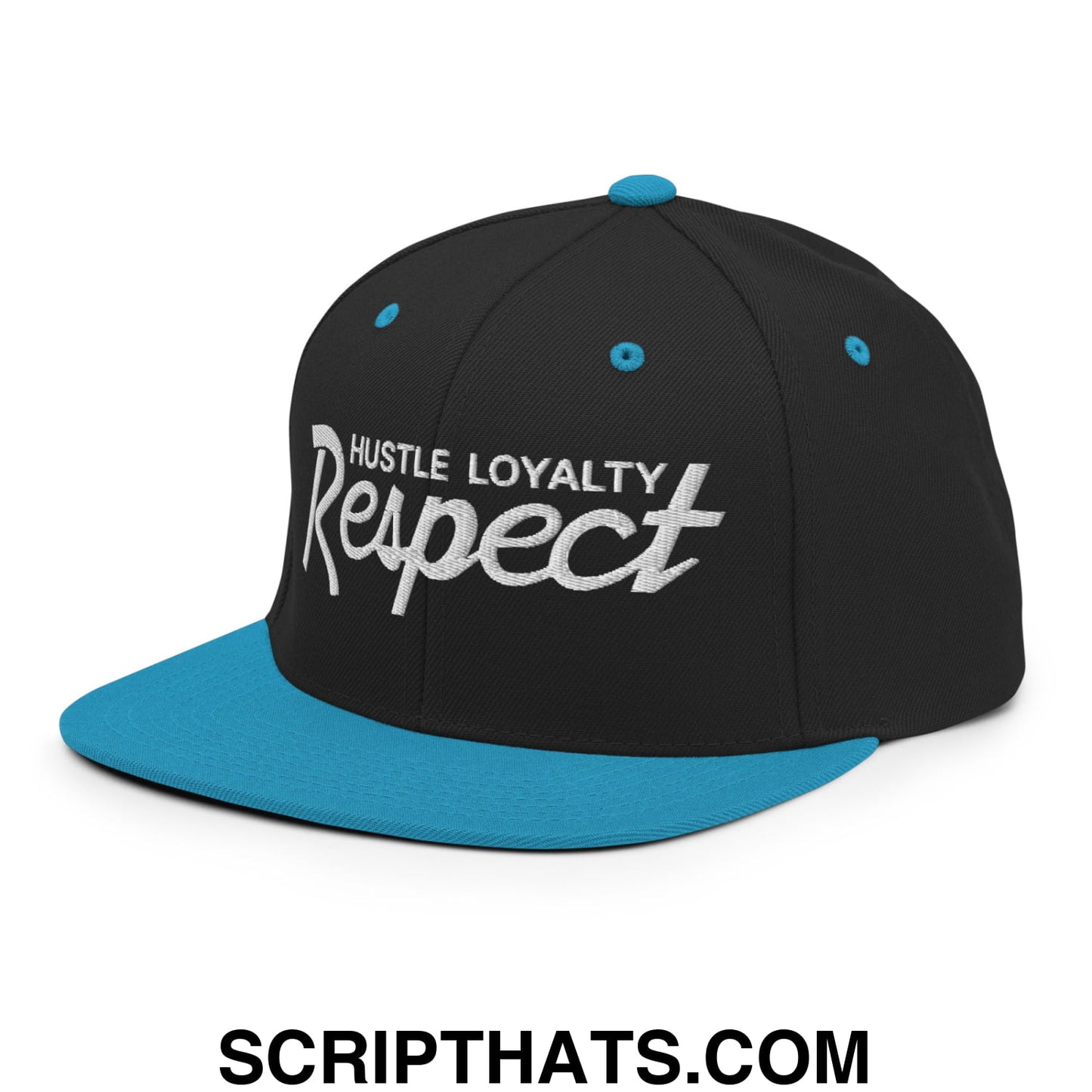 Hustle Loyalty Respect Embroidered Flat Bill Brim Snapback Hat Black Teal