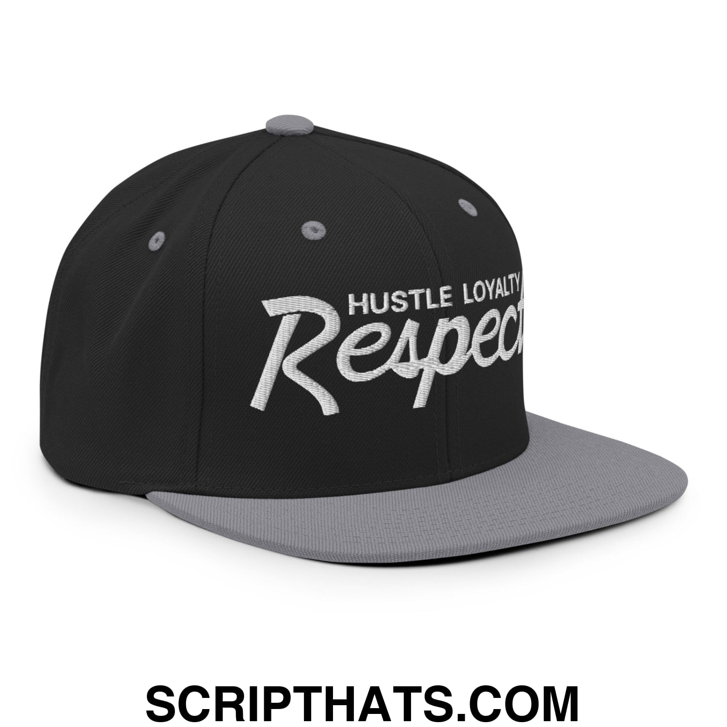 Hustle Loyalty Respect Embroidered Flat Bill Brim Snapback Hat Black Silver