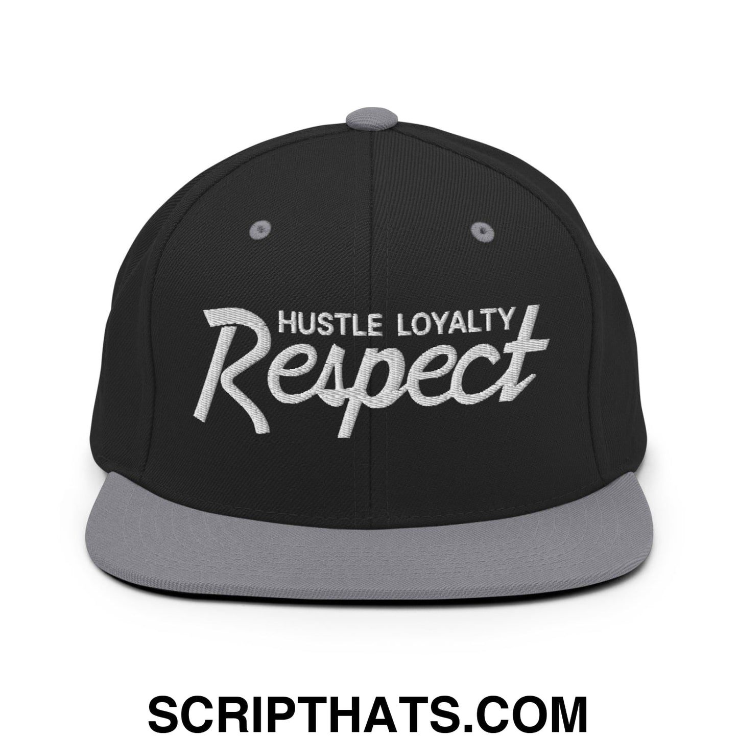 Hustle Loyalty Respect Embroidered Flat Bill Brim Snapback Hat Black Silver
